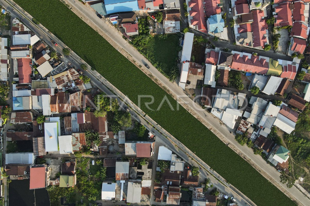 Kanal penuh eceng gondok di Makassar