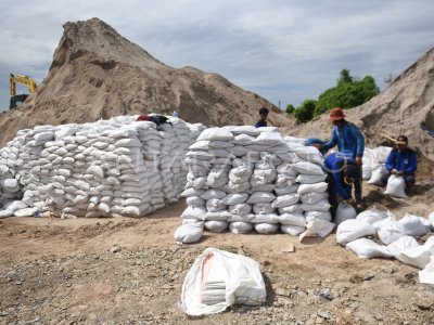 PEMBUATAN KARUNG PASIR UNTUK TANGGUL | ANTARA Foto